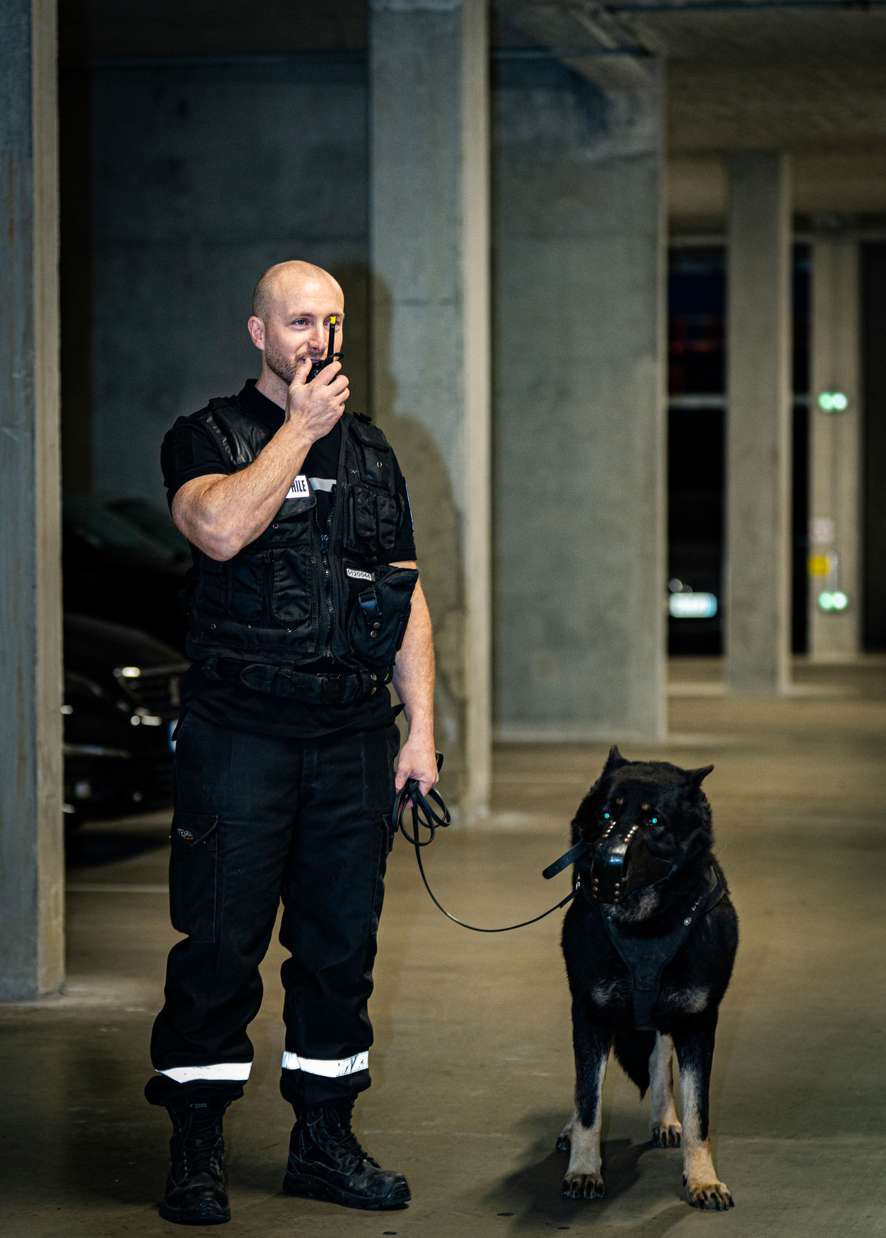 Agent cynophile avec son chien tenu en laisse sur un site