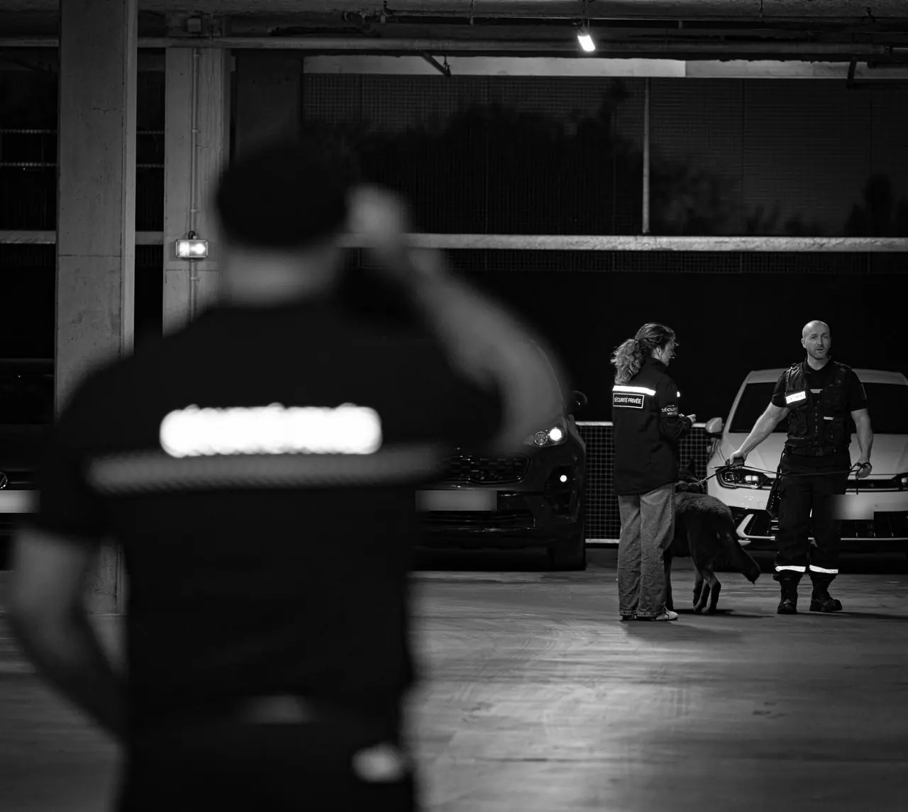 Ronde de nuit d’agents NOX SECURITY et d’un chien dans un parking